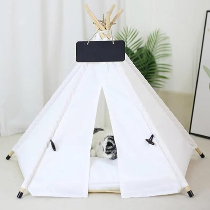 Dog Cat Teepee Tent Bed,Portable Pet Teepee for Small Animals Removable & Washable,Indoor Dog House with Cozy Cushion,Cat Teepee for Indoor Cats,Bunny Tent Outdoor (White, L)