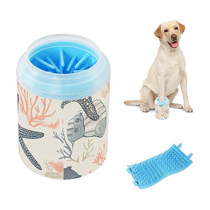 Dog Paw Cleaner Cups for Dogs Pets Foot Washer Paw Scrubber for Medium Small Dogs Cats Cleaning Cup Starfish Corals and Seashells