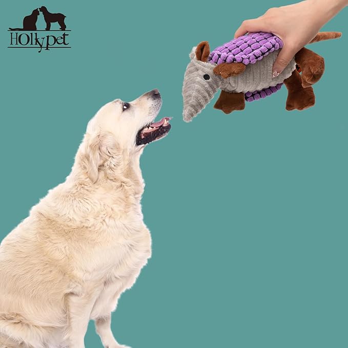 Hollypet Plush Dog Squeaky Toy Stuffed Armadillo Animal Pet Puppy Chew Toys with Clean Teeth for Small Medium Large All Breed Sizes Dogs, Purple, 8 in