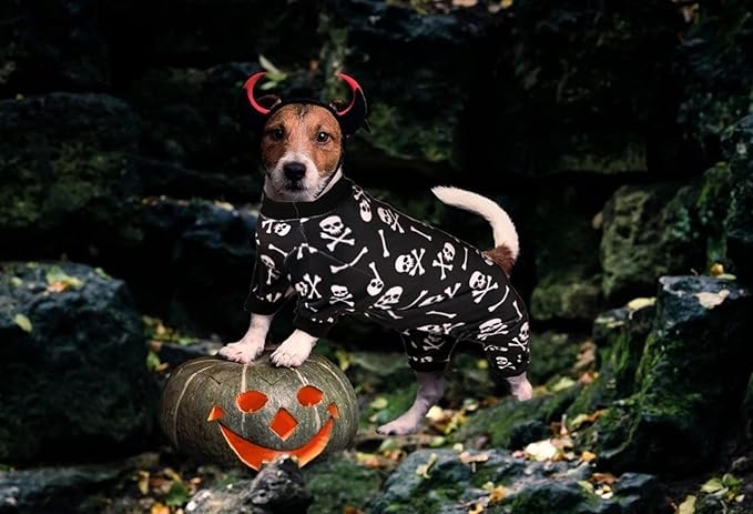 Dog Pajamas Halloween Dog Costume Short Plush Pet Pjs Skull&Crossbones Super Soft and Stretchy Pet Jammies for Small Dogs (XS)