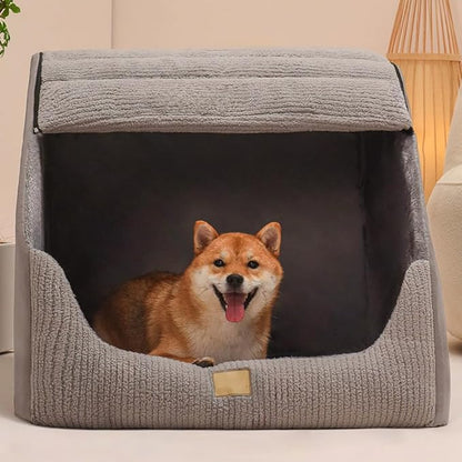 Large Dog House Indoor, Soft Plush Dogs Cave Bed Covered Pet Bed with Fluffy Washable Cushion, Portable Dog/Cat Pet Tent House for Small Medium Dogs (Grey, X-Large)