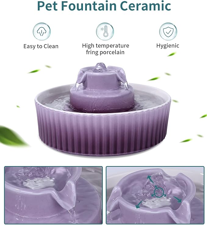 Ceramic Cat Water Fountain, Pet Ceramic Water Fountain, 2.1 L Drinking Fountains Bowl for Cats and Dogs with Replacement Filters and Foam(Purple)