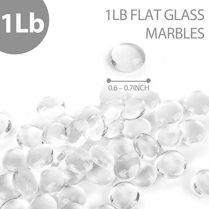 FUTUREPLUSX 1Lb Flat Glass Marbles, Clear Flat Gems Transparent Aquarium Pebbles Vase Filler Beads Table Scatters