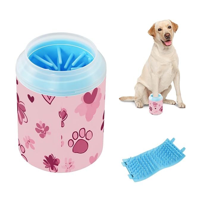 Dog Paw Cleaner Cups for Dogs Pet Foot Washer Paw Scrubber for Medium Small Dogs Cats Cleaning Cup Groovy Pink Paw Prints and Hearts
