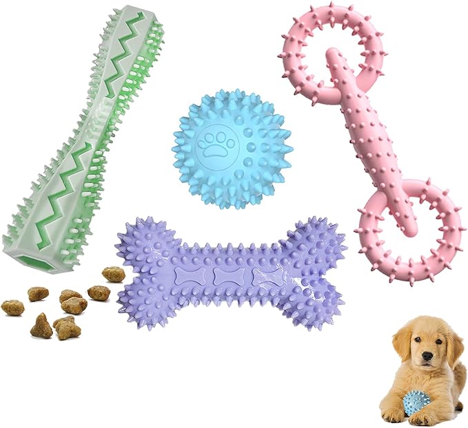4 Pack Puppy Toys for 2-8 Months Pets Dog Chew Toy for Small Puppies Teething Toys for Cleaning Teeth Food Dispensing Soft Durable Rubber Bone Funny Ball Interactive Donut Treat Dumbbell (Mix Color)