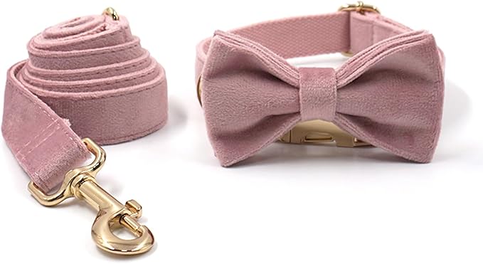 Personalized Velvet Dog Collars with Pet Name Phone Number Engraved, Custom Adjustable Soft Collar with Metal Buckle for Small Medium Large Dogs, Dog Leash and Bow Tie Available -Champagne Pink
