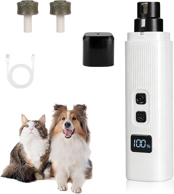 Cat Nail, Safe Cut Cat Nail Trimmer, Electric Pet Nail Grinder with LED Lights, Rechargeable Dog Nail Grinder, Two-Speed with 360° Grinding Settings, Ultra-Quiet＆Powerful for All Cats＆Dogs (White)