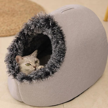 WinterWarmPet CaveBed, Warm Enclosed Pet Bed, Portable Cold-Proof Cozy Cat House Comfortable Anxiety-Relief Pillow Bed (Gray, Large)