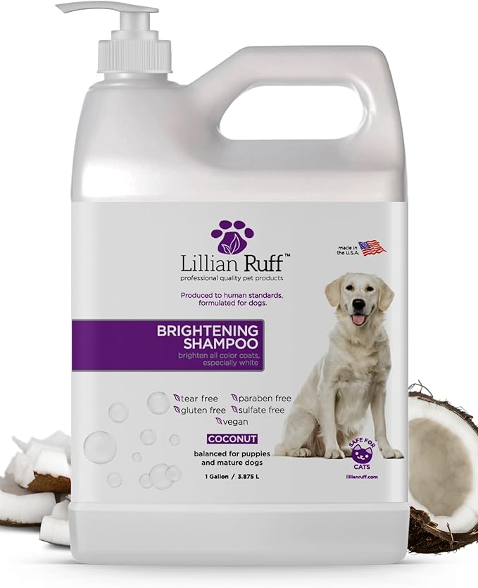 Lillian Ruff PRO Formula Ultra Brightening Dog Shampoo - Professional Whitening & Long-Lasting Odor Eliminator, Remove Stains & Discoloration, Dry Skin & Itch Relief - Aloe & Provitamin B5 Gallon+Pump