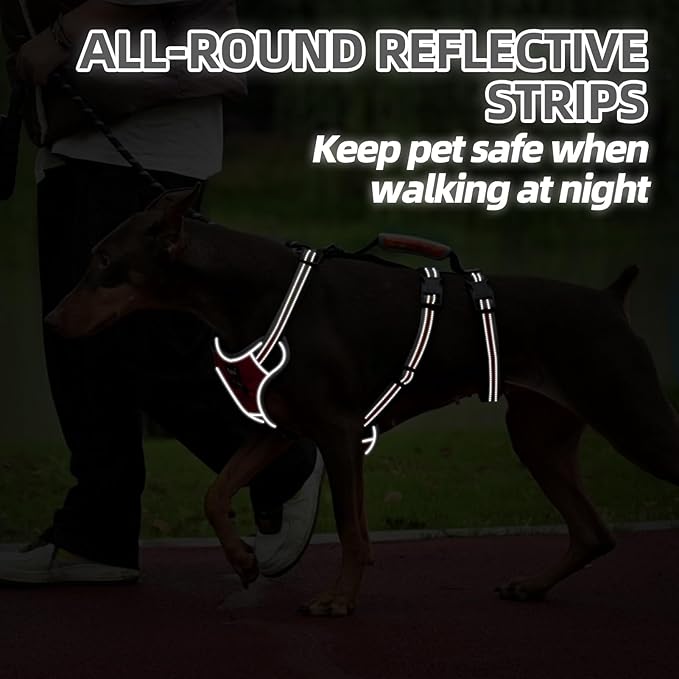 PUPTECK Escape Proof Dog Harness with Padded Handle, No Pull Pet Vest Harness Durable Reflective for Medium Large Dogs Walking Training and Running, Red, L