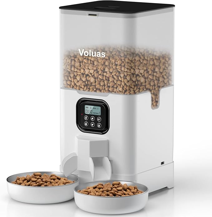 Voluas Automatic Cat Feeder for Two Cats, Double Pet Feeder with 2 Stainless Steel Bowls,6L Timed Cat Feeders with Memory Function