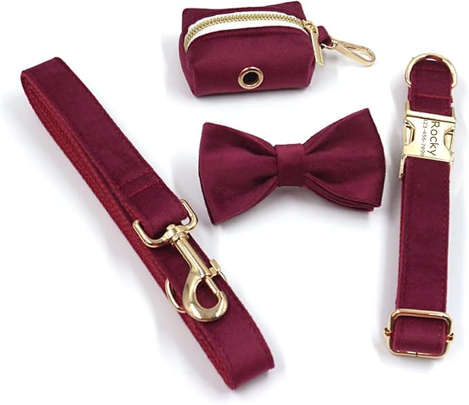 Personalized Velvet Dog Collars with Pet Name Phone Number Engraved, Custom Adjustable Soft Collar with Metal Buckle for Small Medium Large Dogs, Dog Leash and Bow Tie Available -Claret