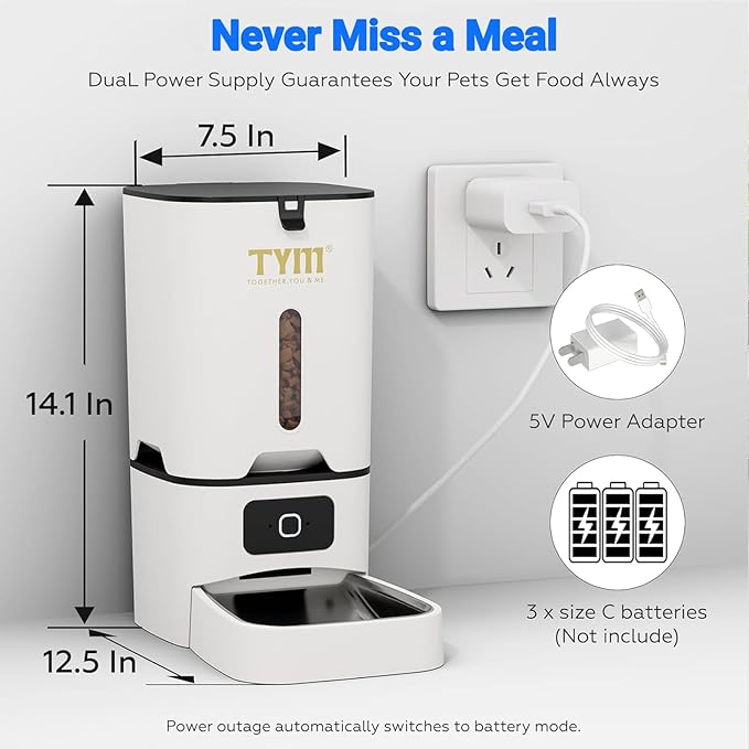 TYM Dual Automatic Cat Feeder 2 Cats, 7L Timed Cat Food Dispenser for Multiple Pets, Double Auto Dog Feeder with Slow Feed, WiFi Programmable Feeders Smart App Control, Steel Double Bowls Easy Clean