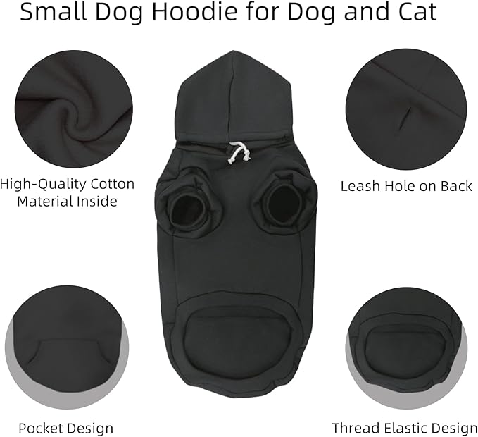 Small Dog Hoodie with Leash Hole and Pocket, Soft Winter Dog Sweater, Cozy Hoodies Sweatshirt for Small Dogs Puppy and Cat, Cold Weather Pet Clothes (Black Dog Hoodie, Medium)