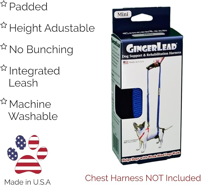 GINGERLEAD Dog Support Sling Harness, X-Small Fits Little Pets Under 25 lbs or Dachshunds with IVDD, Spinal Disc Disease, or Back Injuries. Assist Old or Recovering Pets. Chest Harness NOT Included.