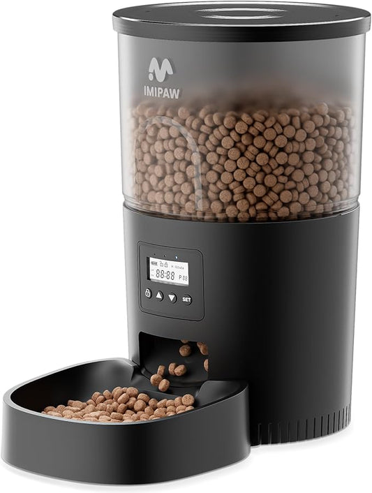 IMIPAW Automatic Cat Feeders, 3L Timed Cat Dry Food Dispenser, Dual Power Supply, Programmable Portion Size, 1-6 Meals Per Day, Auto Pet Feeder for Cats and Small Dogs, with Desiccant Bags