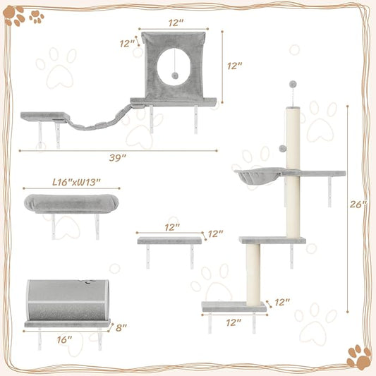 NUNU LAB 14-in-1 Cat Wall Shelves Set, Wall-Mounted Cat Climber with Bridge, Tunnel, House, Scratcher, Steps, Indoor Space-Saving Furniture for Kittens Play, Gray