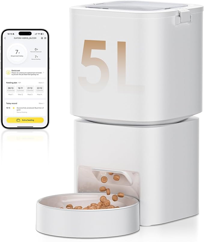 DUDUPET Automatic Cat Feeder with WiFi-5Ghz, APP Control Timed Cat Dry Food Dispenser with Remote Feeding, 5L Auto Pet Feeder up to 10 Meals 1-15 Portion Control Per Day, Auto Dog Feeders for Cats Dog
