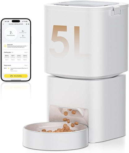 DUDUPET Automatic Cat Feeder with WiFi-5Ghz, APP Control Timed Cat Dry Food Dispenser with Remote Feeding, 5L Auto Pet Feeder up to 10 Meals 1-15 Portion Control Per Day, Auto Dog Feeders for Cats Dog