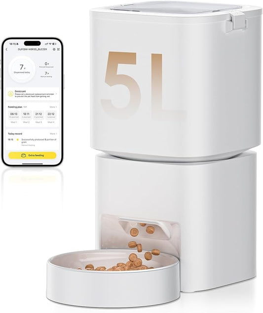 DUDUPET Automatic Cat Feeder with WiFi-5Ghz, APP Control Timed Cat Dry Food Dispenser with Remote Feeding, 5L Auto Pet Feeder up to 10 Meals 1-15 Portion Control Per Day, Auto Dog Feeders for Cats Dog