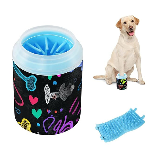 Dog Paw Cleaner Cups for Dogs Pet Foot Washer Paw Scrubber for Medium Small Dogs Cats Cleaning Cup Black Art Paw Print and Hearts
