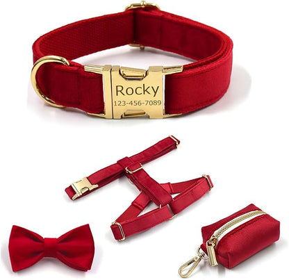 Custom Personalized Dog Collars with Pet Name/Phone Number Engraved Gold Metal Buckle - Adjustable Sizes Soft Thick Velvet Collar for Small Medium Large Dogs 4 Colors - Dog Leash and Bow Tie Available