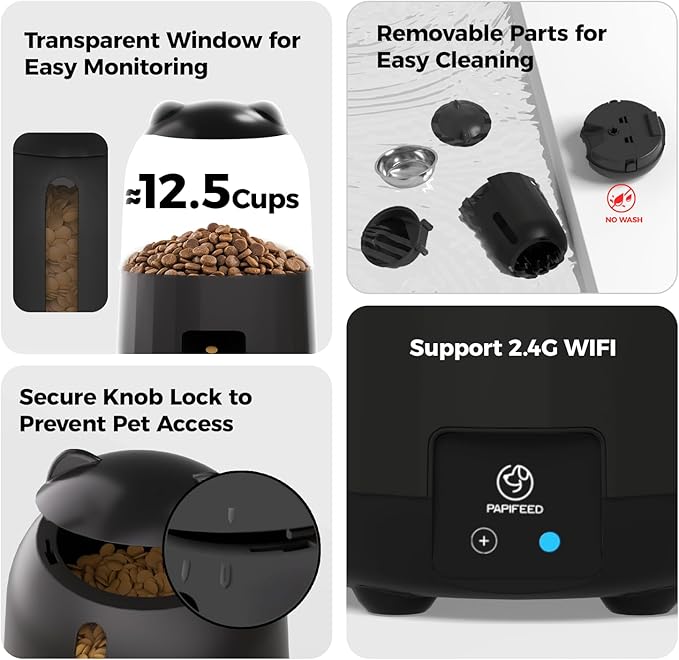 PAPIFEED Automatic Cat Feeder with App Control, 2.4G WiFi Auto Cat Food Dispenser, 3L Cat Feeder Automatic with Dual Power Supply, Easy-Clean Design for Cats & Small Dogs (Black)