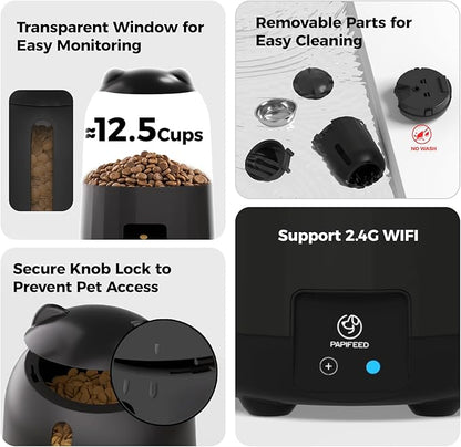 PAPIFEED Automatic Cat Feeder with App Control, 2.4G WiFi Auto Cat Food Dispenser, 3L Cat Feeder Automatic with Dual Power Supply, Easy-Clean Design for Cats & Small Dogs (Black)