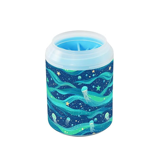 Dog Paw Cleaner Cups for Dogs Pets Foot Washer Paw Scrubber for Medium Small Cats Dogs Cleaning Cup Blue Sea Wave Jellyfish and Stars