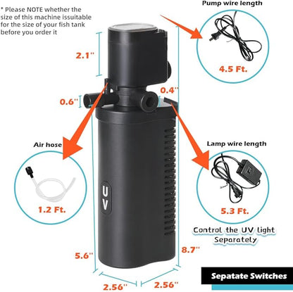 Aquarium Filter for 10-45 Gallon Tank, U-V Fish Tank Green Clean Machine Submersible Powerful Pump Canister Filter 158GPH for Pond Turtle Tank Saltwater Freshwater Crystal Clear Green Killing