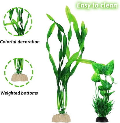 PietyPet Fish Tank Decorations Plants with Resin Cave Rock View, 9pcs Aquarium Decorations Plants Plastic,Fish Tank Accessories, Fish Cave and Hideout Ornaments, Aquarium Decor