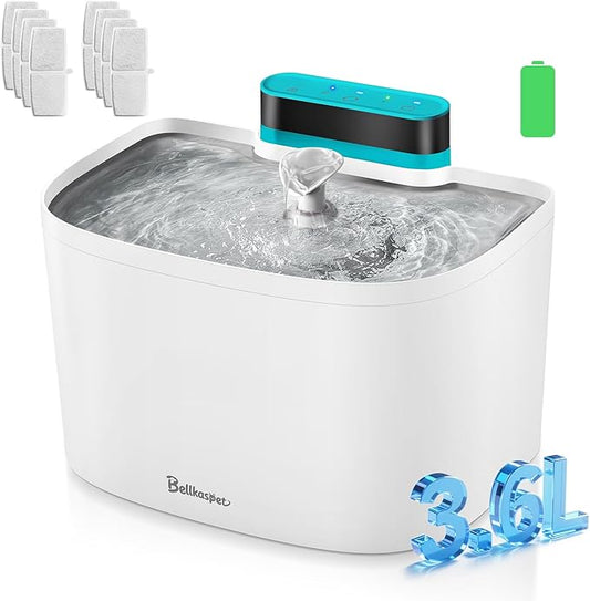 Cat Water Fountain, 122oz/3.6L Pumpless Wireless Cat Fountain, Cordless Water Fountains for Cats Indoor, Dog Pet Water Fountain Battery Operated with Stainless Steel Tray (White, Fountain+8 Fliters)