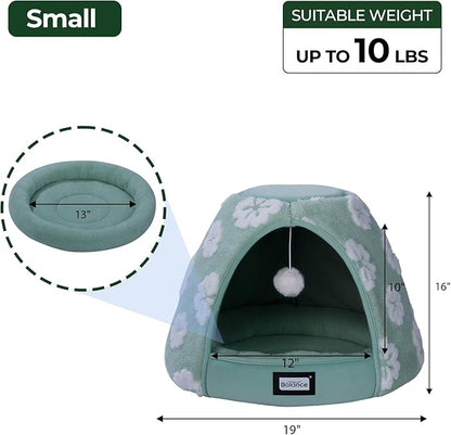 BALANCE Cat Beds for Indoor Cats, 2-in-1 Cat Bed Cave with Anti-Slip Bottom and Ultra-Soft Plush, Cozy Cats House Tent for Kittens and Small Dogs, 19 Inches, Green