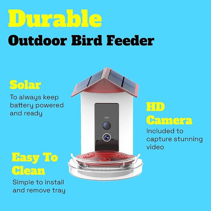 Quick Setup Smart Solar Hummingbird Feeder with Camera 1080P 2MP High-Def and WiFi AI Bird Identification Birdfeeder, Ant Guard Moat, Squirrel Alarm, Removeable Tray, Identifies 10,000+ Birds