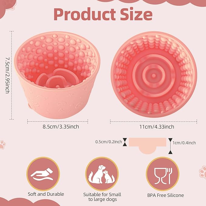 Dog Slow Feeder Lick Bowl, Non-Slip Dog Licking Treat Dispenser, Slow Feeder Bowls for Small Medium Large Breed Dogs, Anxiety Relief & Anti-Choking, BPA Free Silicone (Pink, 1.6 Cup)