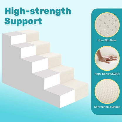 Dog Stairs for Bed, Extra Wide 5-Step Dog Steps for High Bed, High-Density Foam Pet Stairs with Non-Slip Removable Washable Cover for Small Pets, 23" H, Beige