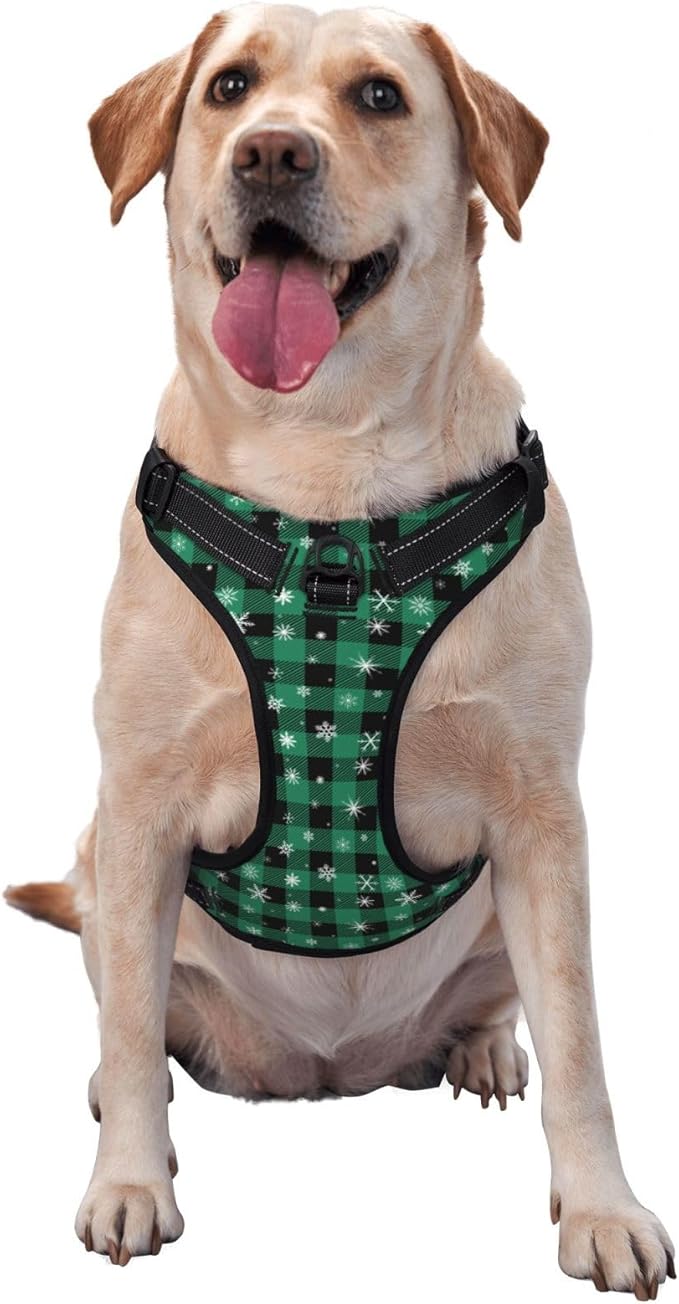 Green Plaid Snowflake Reflective Dog Harness No Pull Soft Vest Harness for Small Medium Large Dog Puppy Pets (Medium Size)