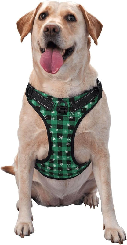 Green Plaid Snowflake Reflective Dog Harness No Pull Soft Vest Harness for Small Medium Large Dog Puppy Pets (Medium Size)