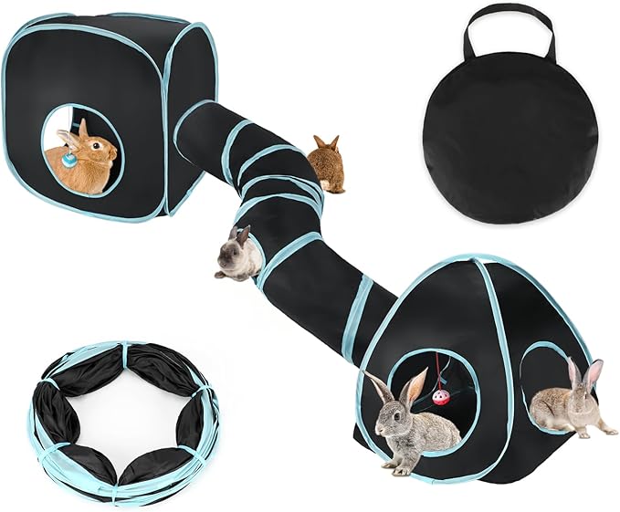 BWOGUE Bunny Tunnels & Tubes Collapsible Rabbit Hideout Tube and Foldable Cubes Playground Small Animal Activity Hideaway for Dwarf Rabbits Bunny Guinea Pigs Kitty (Blue Black)