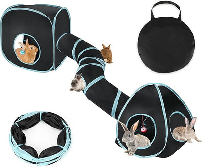 BWOGUE Bunny Tunnels & Tubes Collapsible Rabbit Hideout Tube and Foldable Cubes Playground Small Animal Activity Hideaway for Dwarf Rabbits Bunny Guinea Pigs Kitty (Blue Black)