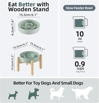 Ceramic 0.9 Cup Raised Dog Slow Feeder Set, Elevated Bowl with Wooden Stand for Small Dog and Cat, 6.1inch Puzzle Slow Dog Food Dish, Anti-Gulping(Light Green, Single Bowl+ Stand)
