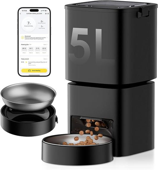DUDUPET Automatic Cat Feeder, 5G WiFi APP Control Automatic Pet Feeder, 5L Cat Dry Food Dispenser with Remote Feeding,10 Meals Programmable 1-15 Portion Control Auto Dog Feeders for Cats,Puppy