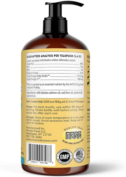 Wonder Paws Fish Oil for Dogs - Omega 3 for Dogs from Alaskan Salmon, Cod & Krill Oil - EPA DHA Fatty Acids - Less Shedding & Itching - Skin, Joint, Immune & Heart Health - Liquid Supplement (32 oz)