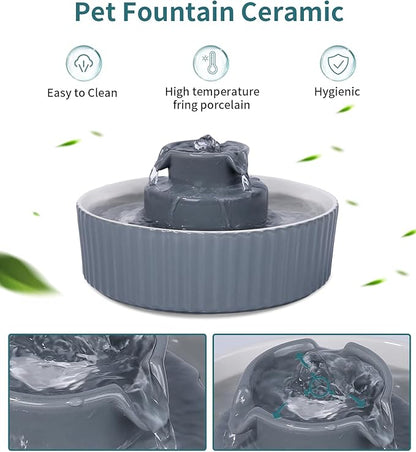 Ceramic Cat Water Fountain, Ceramic Pet Fountain, 2.1 L Drinking Fountains Bowl for Cats and Dogs with Replacement Filters and Foam(Grey)