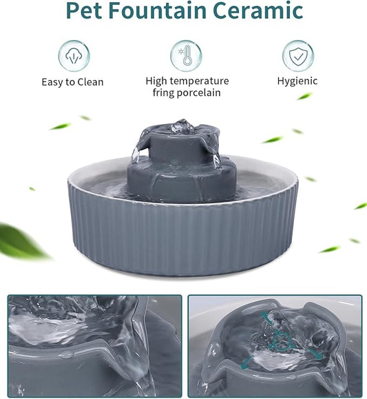 Ceramic Cat Water Fountain, Ceramic Pet Fountain, 2.1 L Drinking Fountains Bowl for Cats and Dogs with Replacement Filters and Foam(Grey)