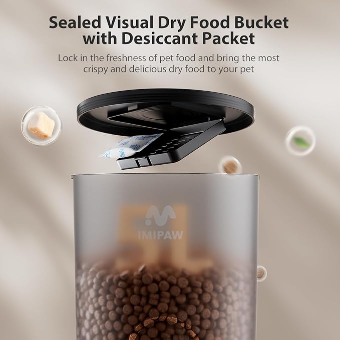 IMIPAW Automatic Cat Feeders, 5L Large Capacity, Timed Feeding Dry Food, Dual Power Design, Programmable Portion Size, 1-6 Meals Per Day, with Desiccant Packet, Suitable for Small Pets Food Dispenser