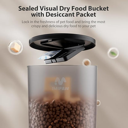IMIPAW Automatic Cat Feeders, 5L Large Capacity, Timed Feeding Dry Food, Dual Power Design, Programmable Portion Size, 1-6 Meals Per Day, with Desiccant Packet, Suitable for Small Pets Food Dispenser