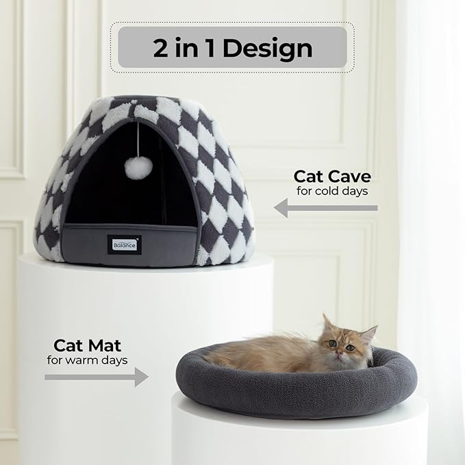 BALANCE Cat Beds for Indoor Cats, 2-in-1 Cat Bed Cave with Anti-Slip Bottom and Ultra-Soft Plush, Cozy Cats House Tent for Kittens and Small Dogs, 21 Inches, Dark Grey