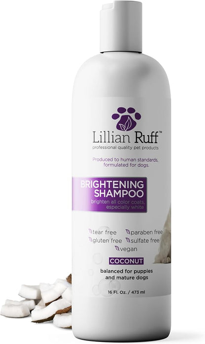 Lillian Ruff PRO Formula Ultra Brightening Dog Shampoo - Professional Whitening & Long-Lasting Odor Eliminator - Removes Stains & Discoloration, Dry Skin & Itch Relief with Aloe & Provitamin B5 (16oz)
