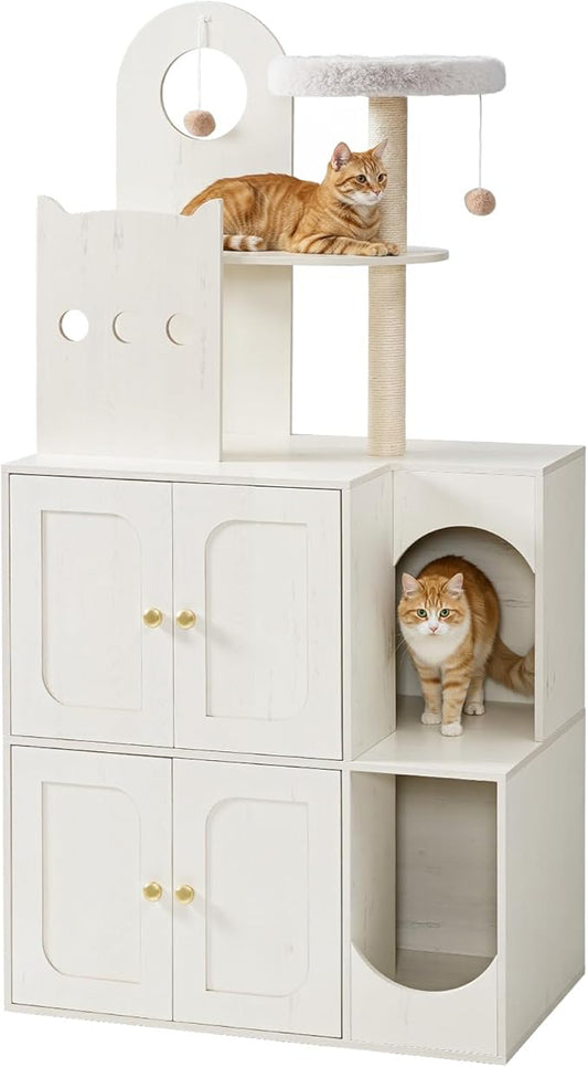 HOOBRO Cat Tree with Litter Box Enclosure, Hidden Double Cat Litter Box Enclosure Furniture, Modern Cat Tower with 2 Dangling Balls and 2 Sisal Scratching Posts for 2 Cats, Creamy White WH27MZ03US